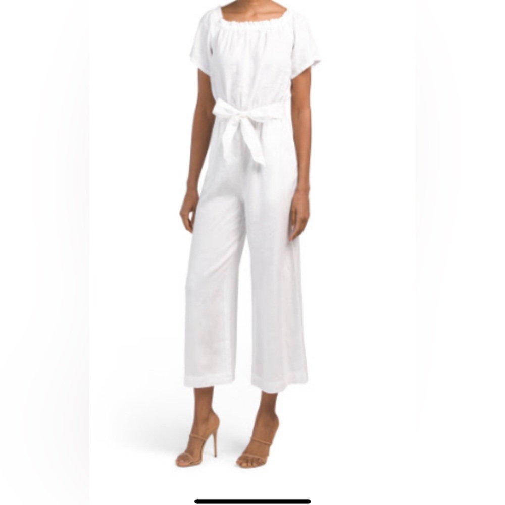 NWT Trina Turk White Linen Off Shoulder Belted Ankle Wide Leg Jumpsuit 2 $148